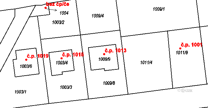 Lyžbice 1013, Třinec na parcele st. 1009/9 v KÚ Lyžbice, Katastrální mapa