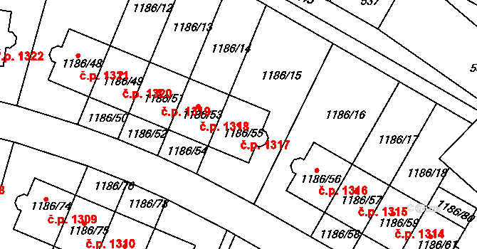 Hostivice 1317 na parcele st. 1186/55 v KÚ Hostivice, Katastrální mapa