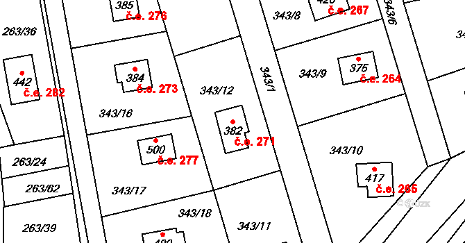 Hostěradice 271, Kamenný Přívoz na parcele st. 382 v KÚ Hostěradice, Katastrální mapa