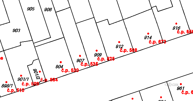 Lužice 525 na parcele st. 909 v KÚ Lužice u Hodonína, Katastrální mapa