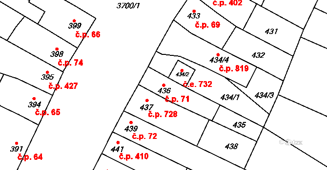 Vyškov-Předměstí 71, Vyškov na parcele st. 436 v KÚ Vyškov, Katastrální mapa