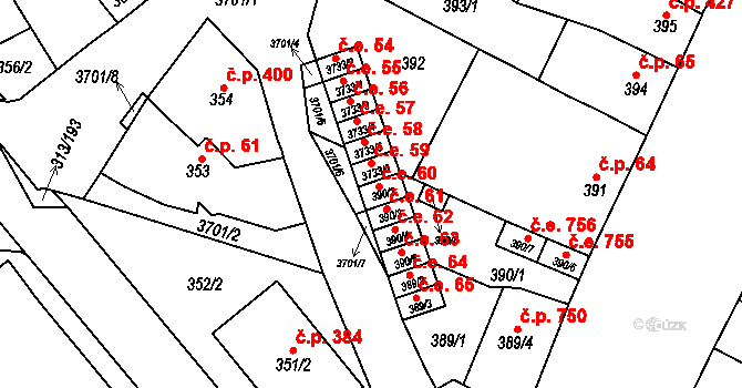 Vyškov-Předměstí 60, Vyškov na parcele st. 390/2 v KÚ Vyškov, Katastrální mapa