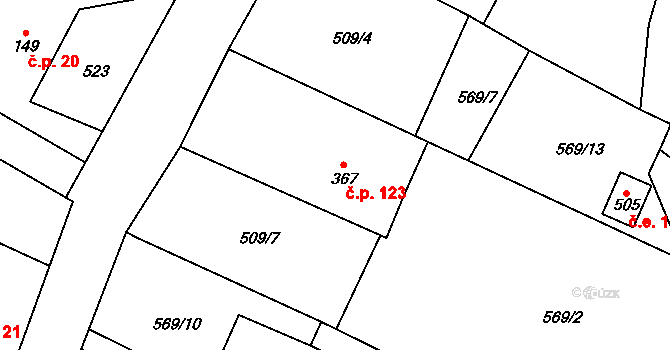 Hukvaldy 123 na parcele st. 367 v KÚ Sklenov, Katastrální mapa