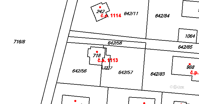 Kamenice 1113 na parcele st. 718 v KÚ Těptín, Katastrální mapa