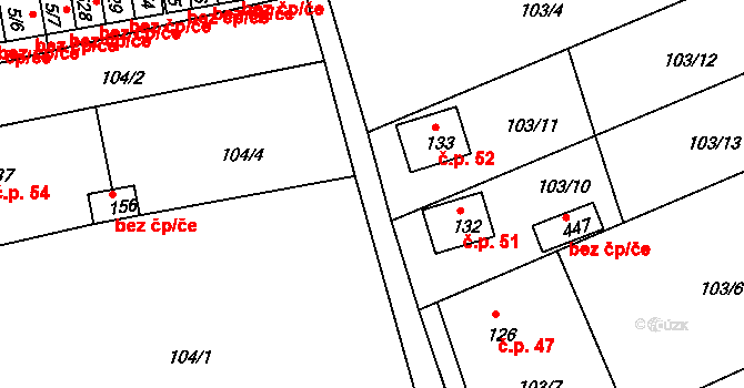 Vlastibořice 52 na parcele st. 133 v KÚ Vlastibořice, Katastrální mapa