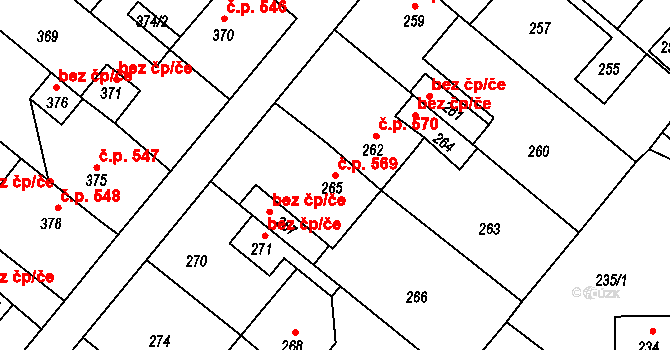 Vinařice 569 na parcele st. 265 v KÚ Vinařice u Kladna, Katastrální mapa