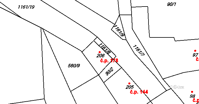 Cerhovice 178 na parcele st. 206 v KÚ Cerhovice, Katastrální mapa