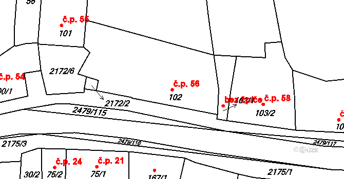 Litenčice 56 na parcele st. 102 v KÚ Litenčice, Katastrální mapa