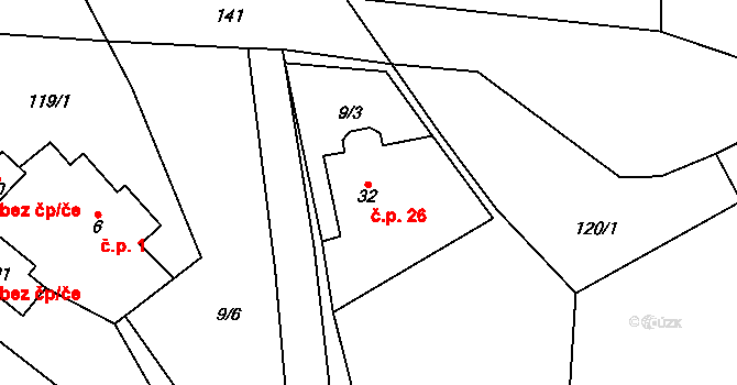 Doly 26, Bouzov na parcele st. 32 v KÚ Doly u Bouzova, Katastrální mapa