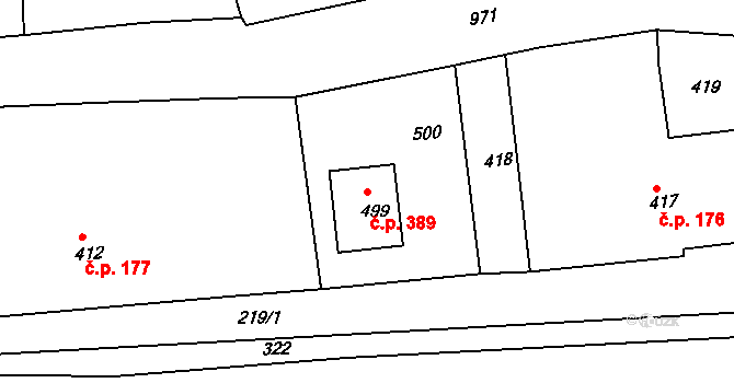 Dlouhá Loučka 389 na parcele st. 499 v KÚ Dolní Dlouhá Loučka, Katastrální mapa
