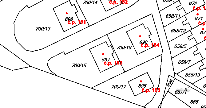 Mimoň V 163, Mimoň na parcele st. 697 v KÚ Mimoň, Katastrální mapa
