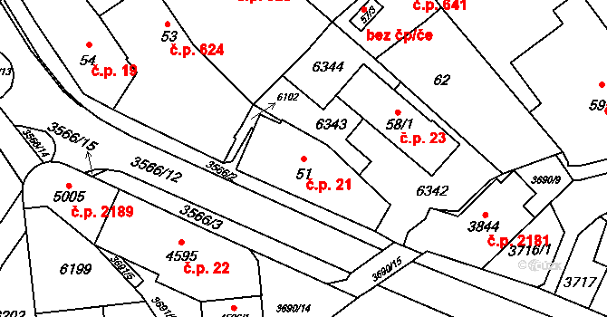 Rožnov pod Radhoštěm 21 na parcele st. 51 v KÚ Rožnov pod Radhoštěm, Katastrální mapa