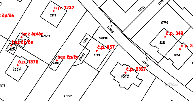 Rožnov pod Radhoštěm 657 na parcele st. 876/1 v KÚ Rožnov pod Radhoštěm, Katastrální mapa