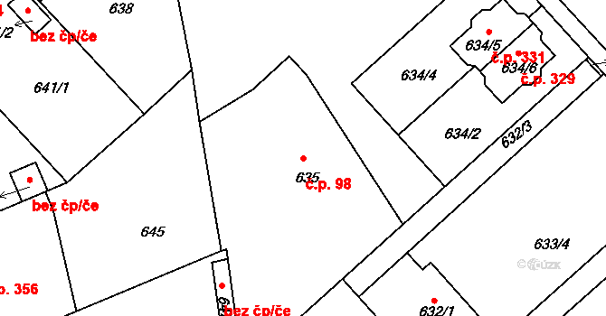 Strkov 98, Planá nad Lužnicí na parcele st. 635 v KÚ Planá nad Lužnicí, Katastrální mapa