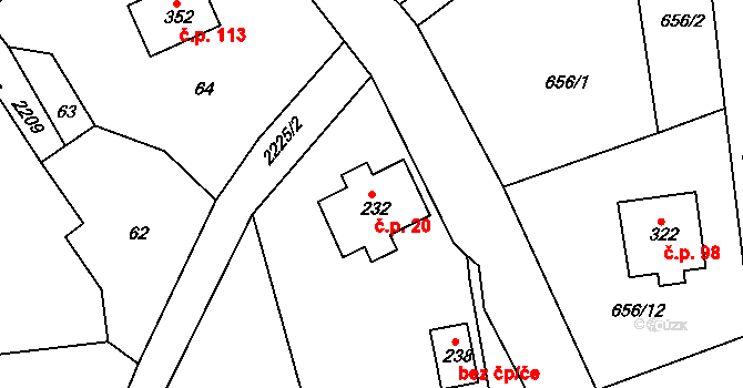Jirkov 20, Železný Brod na parcele st. 232 v KÚ Jirkov u Železného Brodu, Katastrální mapa