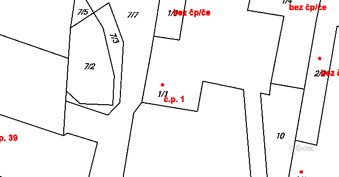 Kočín 1, Temelín na parcele st. 1/1 v KÚ Kočín, Katastrální mapa