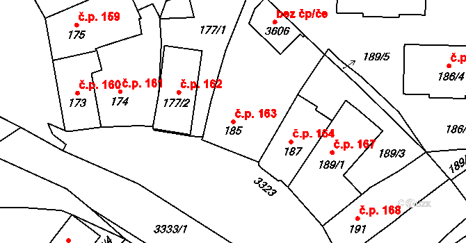 Pelhřimov 163 na parcele st. 185 v KÚ Pelhřimov, Katastrální mapa