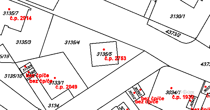 Teplice 2753 na parcele st. 3135/5 v KÚ Teplice, Katastrální mapa