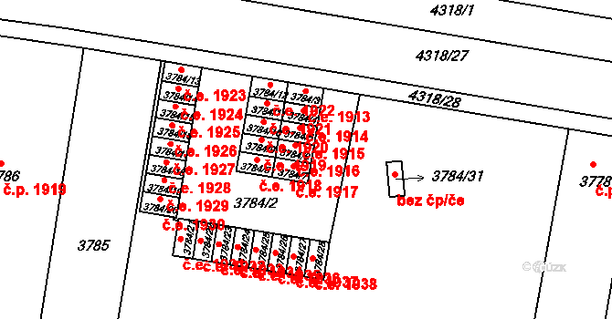 Teplice 1916 na parcele st. 3784/6 v KÚ Teplice, Katastrální mapa