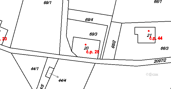 Kateřina 25, Dolní Podluží na parcele st. 20 v KÚ Dolní Podluží, Katastrální mapa