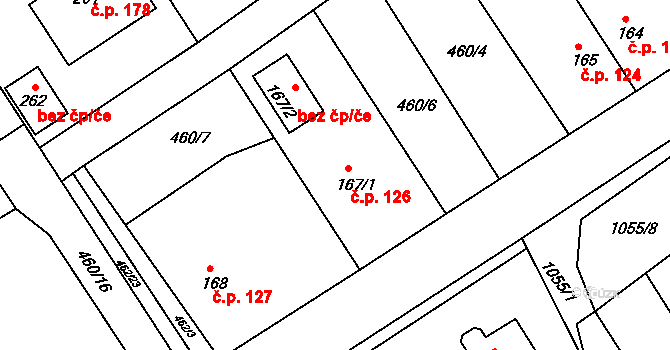Semechnice 126 na parcele st. 167/1 v KÚ Semechnice, Katastrální mapa