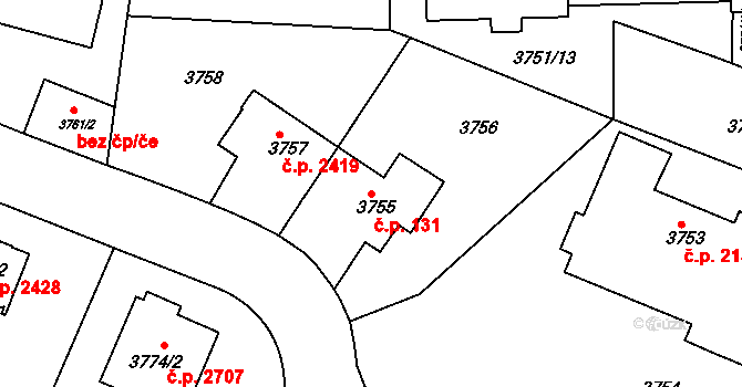 Smíchov 131, Praha na parcele st. 3755 v KÚ Smíchov, Katastrální mapa
