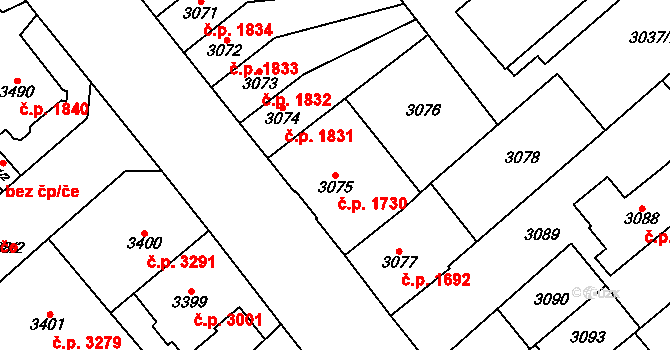 Chomutov 1730 na parcele st. 3075 v KÚ Chomutov I, Katastrální mapa