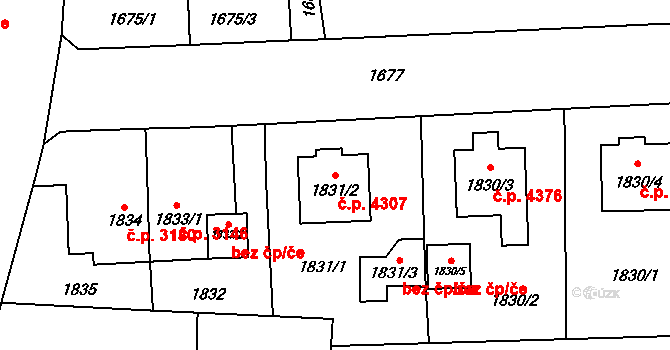 Chomutov 4307 na parcele st. 1831/2 v KÚ Chomutov I, Katastrální mapa
