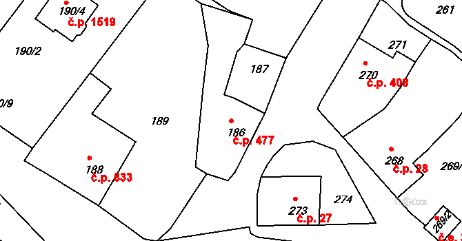 Rumburk 1 477, Rumburk na parcele st. 186 v KÚ Rumburk, Katastrální mapa