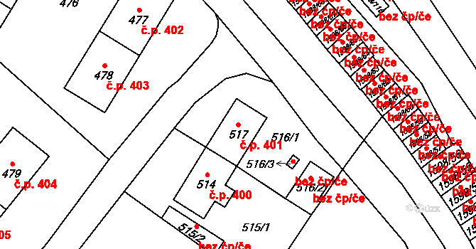 Zbýšov 401 na parcele st. 517 v KÚ Zbýšov u Oslavan, Katastrální mapa