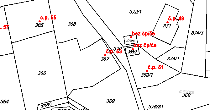 Staříč 53 na parcele st. 367 v KÚ Staříč, Katastrální mapa