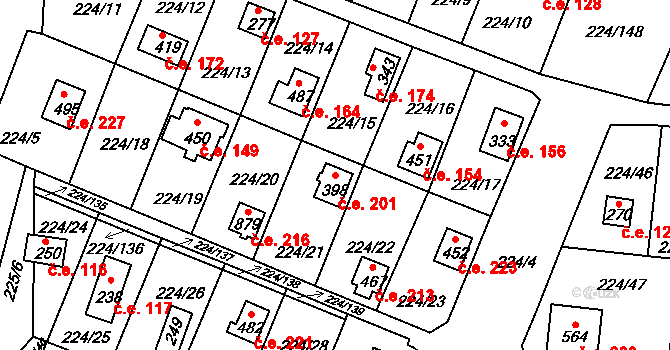 Rabyně 201 na parcele st. 398 v KÚ Rabyně, Katastrální mapa