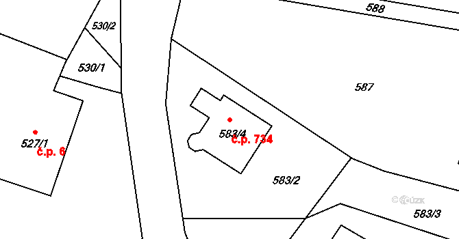 Suchdol nad Lužnicí 734 na parcele st. 583/4 v KÚ Suchdol nad Lužnicí, Katastrální mapa