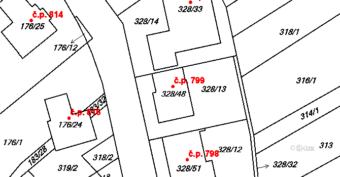Šardice 799 na parcele st. 328/48 v KÚ Šardice, Katastrální mapa