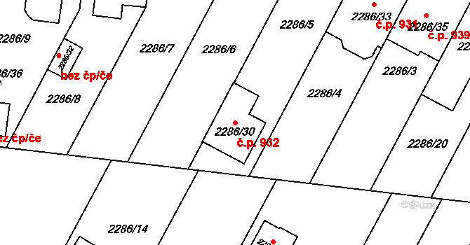 Lužice 932 na parcele st. 2286/30 v KÚ Lužice u Hodonína, Katastrální mapa