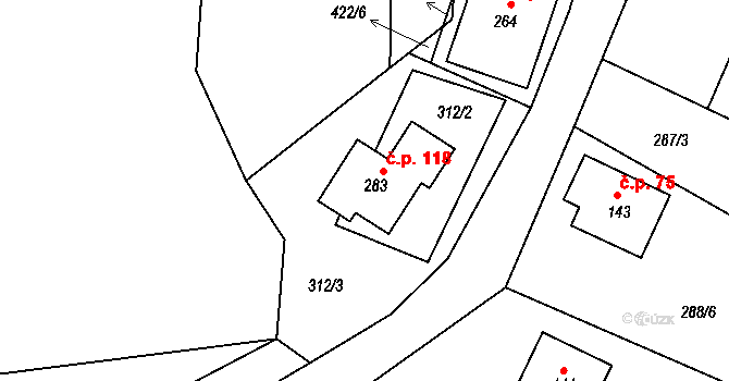 Drásov 118 na parcele st. 283 v KÚ Drásov u Příbramě, Katastrální mapa