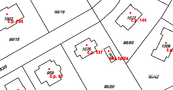 Čtyřkoly 137 na parcele st. 1075 v KÚ Čtyřkoly, Katastrální mapa
