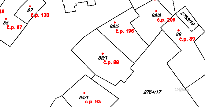 Střed 88, Rokycany na parcele st. 88/1 v KÚ Rokycany, Katastrální mapa