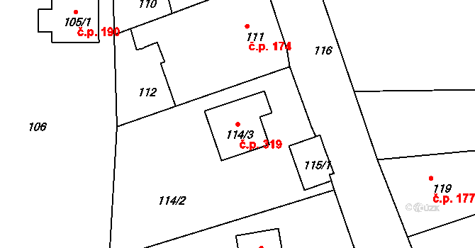 Lípa 319 na parcele st. 114/3 v KÚ Lípa nad Dřevnicí, Katastrální mapa