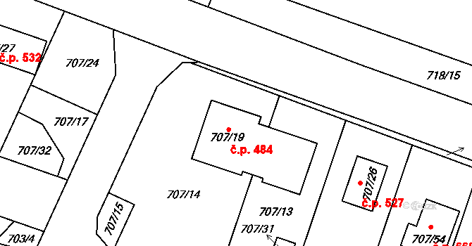 Zruč 484, Zruč-Senec na parcele st. 707/19 v KÚ Zruč, Katastrální mapa