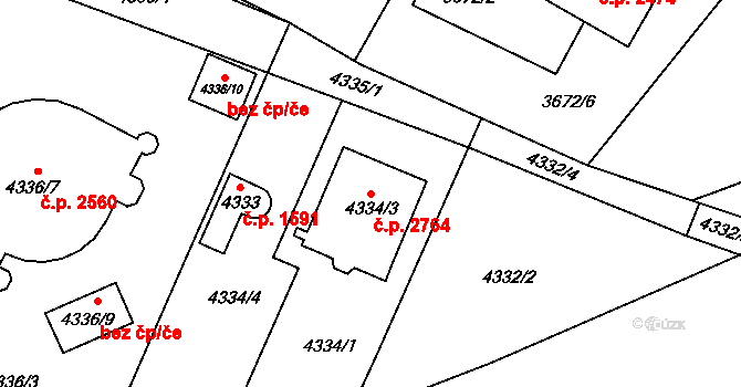 Horní Počernice 2764, Praha na parcele st. 4334/3 v KÚ Horní Počernice, Katastrální mapa