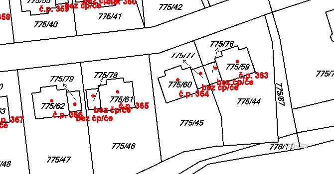 Dýšina 364 na parcele st. 775/60 v KÚ Dýšina, Katastrální mapa