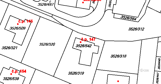 Jindřichův Hradec V 147, Jindřichův Hradec na parcele st. 3526/542 v KÚ Jindřichův Hradec, Katastrální mapa