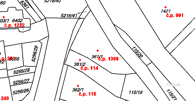 Velké Bílovice 1398 na parcele st. 361/1 v KÚ Velké Bílovice, Katastrální mapa