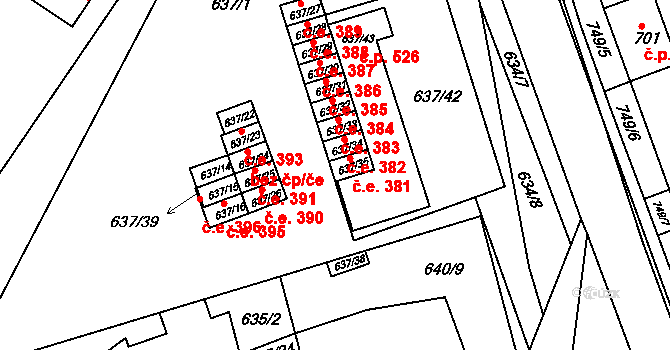 Bučovice 381 na parcele st. 637/35 v KÚ Bučovice, Katastrální mapa