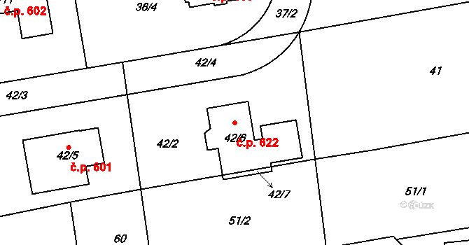 Štípa 622, Zlín na parcele st. 42/6 v KÚ Štípa, Katastrální mapa