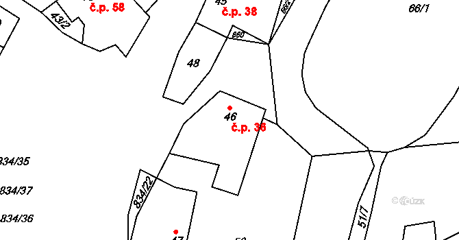 Křižínkov 36 na parcele st. 46 v KÚ Křižínkov, Katastrální mapa