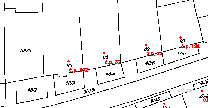 Záhorovice 32 na parcele st. 86 v KÚ Záhorovice, Katastrální mapa