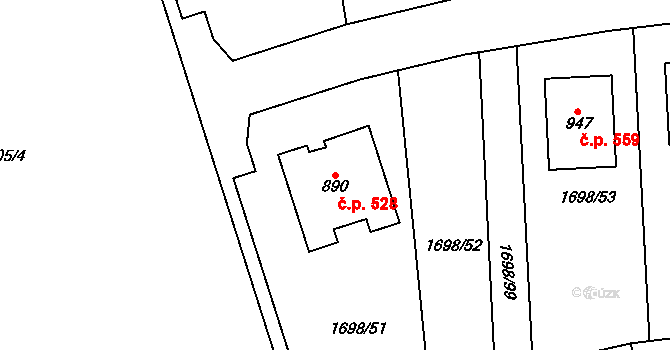 Libouchec 528 na parcele st. 890 v KÚ Libouchec, Katastrální mapa