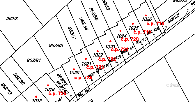 Chrast 722 na parcele st. 1022 v KÚ Chrast, Katastrální mapa